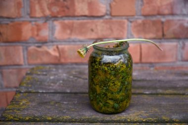 Alternatif tıp konsepti. Karahindiba tentürü evde doğal bir homeopatik ilaçtır. Alkol katılmış karahindiba.