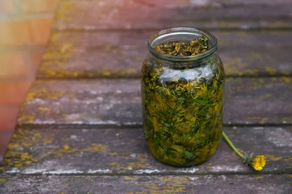 La tintura orgánica de diente de león es un remedio homeopático natural en casa. Diente de León infundido en alcohol. Espacio de copia —  Fotos de Stock