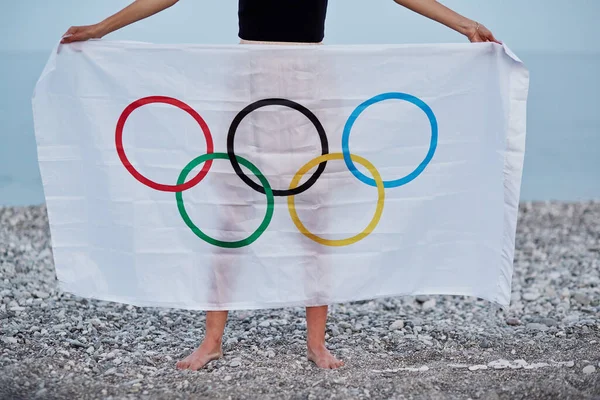 Kemer Turkey June 2021 Woman Covered Olympic Flag Sea Coast — Stock Photo, Image