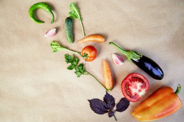 Sebze kompozisyonu: pancar, fesleğen, patlıcan, maydanoz, dolma biber, acı biber, patates, salatalık, havuç. İtalyan sebze tarifi. Vejetaryen konsepti yiyecekler. Üst görünüm, kopyalama alanı. Yüksek kalite fotoğraf