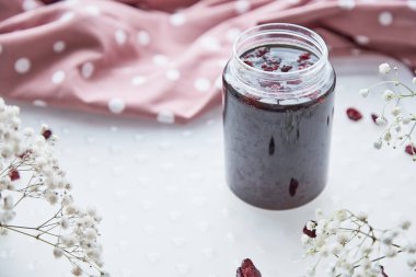 Evde Noel gelenekleri. Kızılcık ile mayalanmış sağlıklı bal ürünü. Yiyecek koruyucusu. Sağlıklı, anti-bakteriyel, antiviral gıdalar. Boşluğu kopyala.