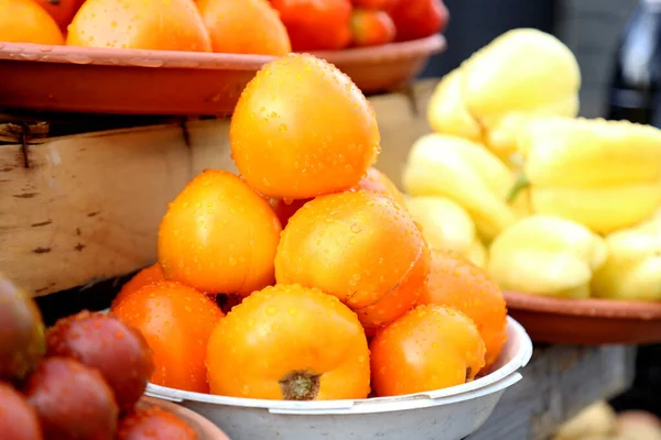 Tomaten Die Lokale Boerenmarkt Worden Verkocht Eco Groenten Sappige Producten — Stockfoto