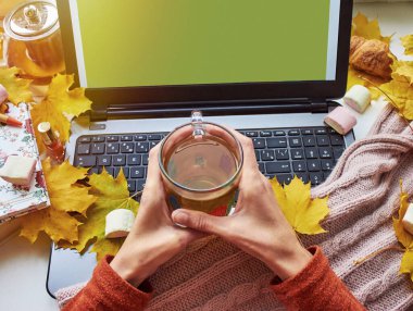 Sıcak çay, eşarp, sarı yapraklar, lokum ve bilgisayar. Rahat ev, serbest çalışma, online öğrenim, eğitim, uzaktan çalışma konsepti. Üst Manzara. Uzayı kopyala Yüksek kalite fotoğraf