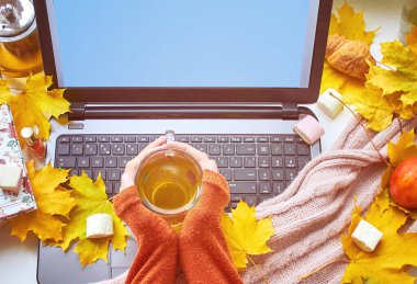 Sıcak çay, eşarp, sarı yapraklar, şekerleme ve dizüstü bilgisayar. Rahat ev, serbest çalışma, online öğrenim, eğitim, uzaktan çalışma konsepti. Üst Manzara. Uzayı kopyala Sonbahar konforu. Yüksek kalite fotoğraf