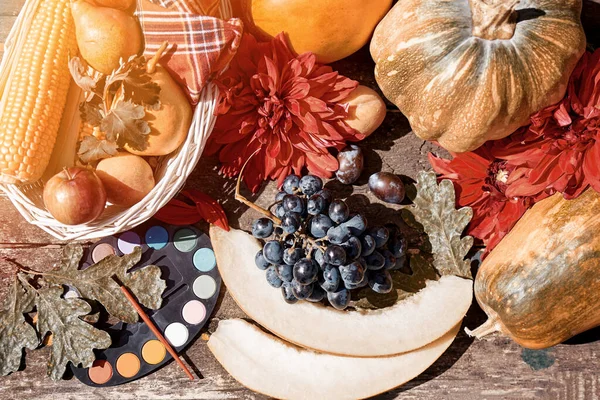 Höstens Estetiska Mässa Gula Frukter Och Grönsaker Och Ljusa Färger — Stockfoto