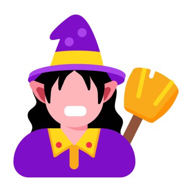 Süpürge tutan bir cadıyı tasvir eden düz bir simge 