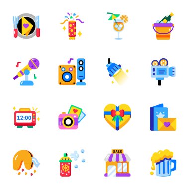 Düz Stil Parti Simgeleri Seti 