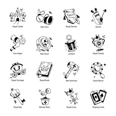 Kraliyet ve Savaş Aksesuarları Koleksiyonu Doodle Simgeleri 