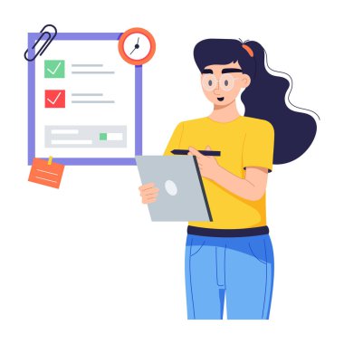 Görev yönetimi planı üzerinde çalışan kız, düz illüstrasyon 