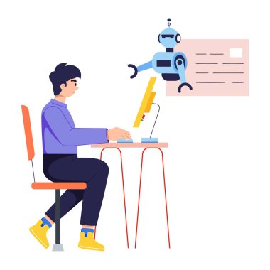 Robot asistan ile konuşan kişi, düz çizim 