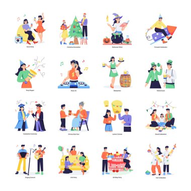 16 Partinin El Paketi ve Kutlamalar Düz Çizimler 