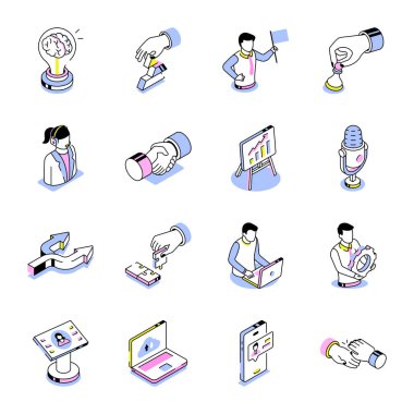 Çalışma ve Üretim Koleksiyonu Isometric Biçim Simgeleri 