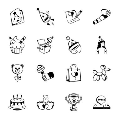 Doodle Biçimli Kutlama ve Kutlama Simgeleri Koleksiyonu