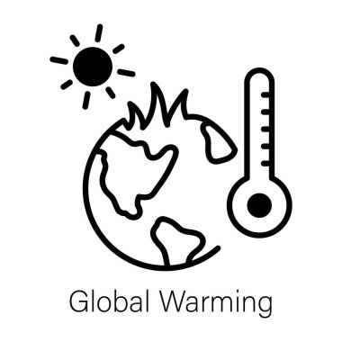 Güneş ve termometresi olan gezegen küresel ısınmayı simgeliyor, çizgi simgesi