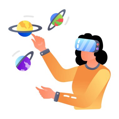 Kulaklığı olan ve uzay keşiflerini simgeleyen gezegenler, düz simge