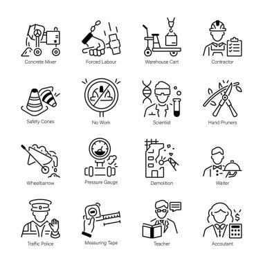 Meslek ve Çalışma Araçları Koleksiyonu Doğrusal Simgeler