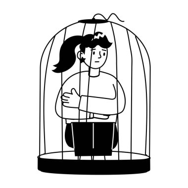 Kafeste kapana kısılmış bir kız, küçük bir çizim.