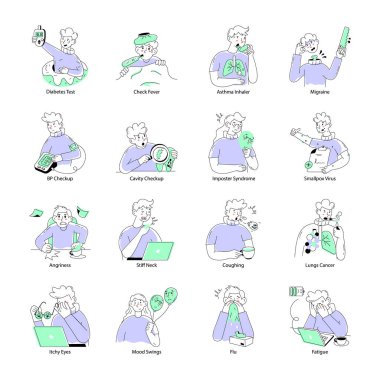 Hastalık Belirtileri Koleksiyonu Doodle Mini Çizimleri