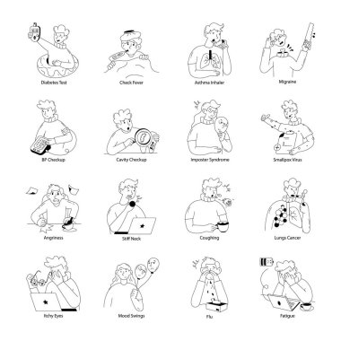 Hastalık Belirtileri Koleksiyonu Doodle Mini Çizimleri