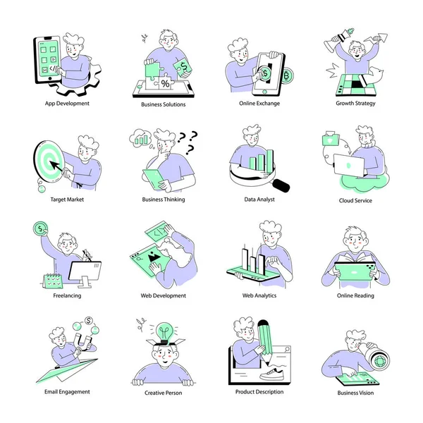 16 Dijital İşletme Doodle Mini Çizimlerinin Koleksiyonu