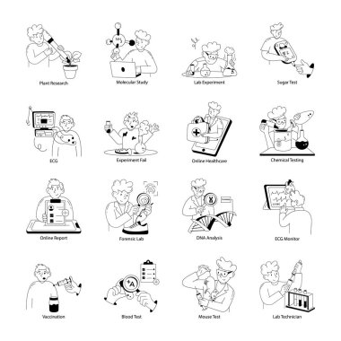 Bir paket Tıbbi ve Laboratuvar Doodle Mini Çizimleri Testi