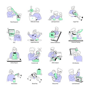 Bir paket Tıbbi ve Laboratuvar Doodle Mini Çizimleri Testi