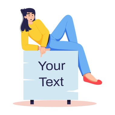 Yol tabelasında oturan kız, düz karakter çizimi