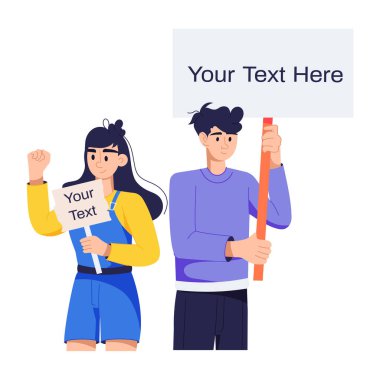 Burada grev pankartları tutan insanların düz bir çizimi var.