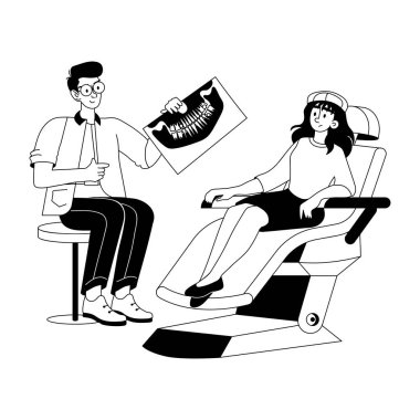 Diş röntgenini tartışan dişçinin kabartma çizimini alın.