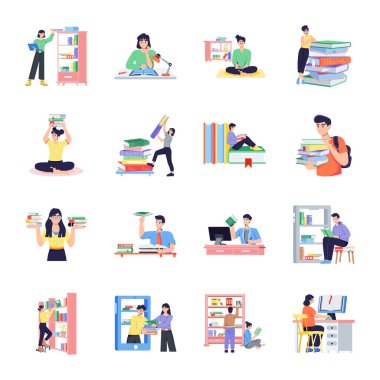 16 Düz Biçim Kütüphane İllüstrasyonları