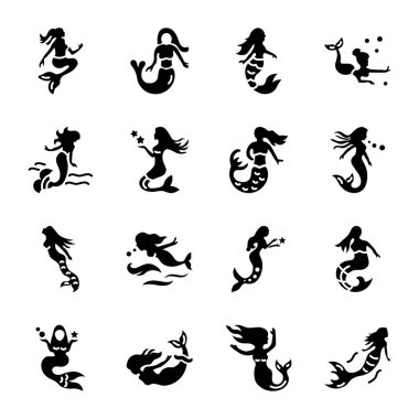 16 Denizkızı Glifi Biçimi Simgesi Koleksiyonu