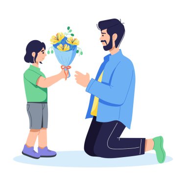 Kızının babasına buket verdiğini gösteren güzel düz çizimler.