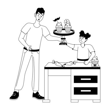 Baba ve kızının kek yaparken ki son moda tasviri.