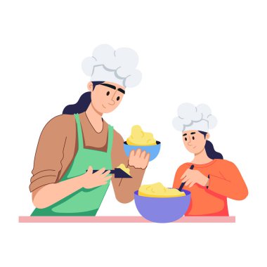 Annesinin kızıyla yemek pişirmesinin modaya uygun bir çizimi.