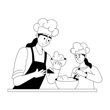 Annesinin kızıyla yemek pişirmesinin modaya uygun bir örneği.