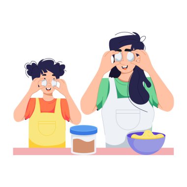 Anne çocukla yemek yapıyor, düz karakter çizimi yapıyor.