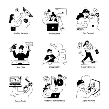 Bir dizi alışveriş teklifleri Doodle Mini Çizimleri