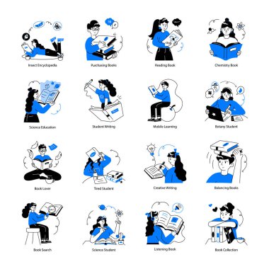 Kullanışlı Kitap Koleksiyonu Doodle Mini Çizimleri Okuma