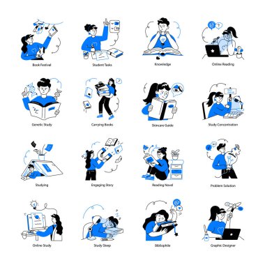 Bir sürü öğrenci çalışıyor Doodle Mini Çizimleri