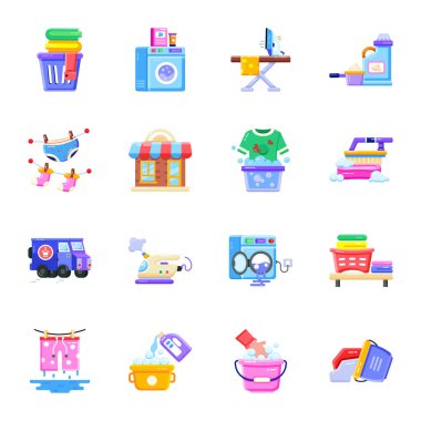 16 Çamaşırhane Düz Simgesi Kümesi