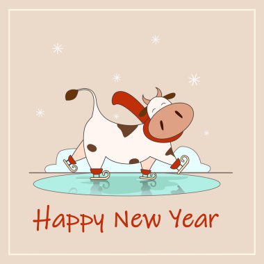 Kırmızı eşarplı mutlu benekli inek buzda kayıyor.