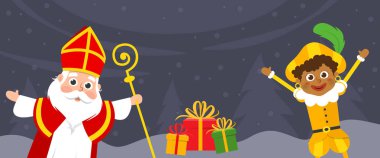 Aziz Nicholas veya Sinterklaas ve çocuk Piet kış manzarasında bayramları kutluyorlar.