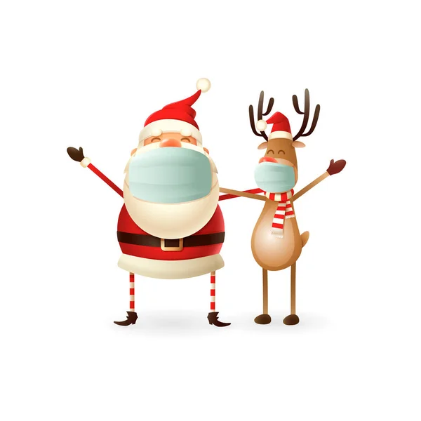 귀엽고 귀여운 산타클로스와 사슴에게 바이러스가 마스크를 착용하고 크리스마스 휴일을 기념하는 — 스톡 벡터
