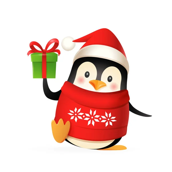 Lindo Pingüino Con Sombrero Santas Suéter Regalo Celebran Las Vacaciones — Vector de stock