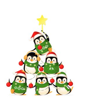 Şirin Penguenler şeffaf arkaplanda izole edilmiş bir Noel ağacı şekli oluştururlar.