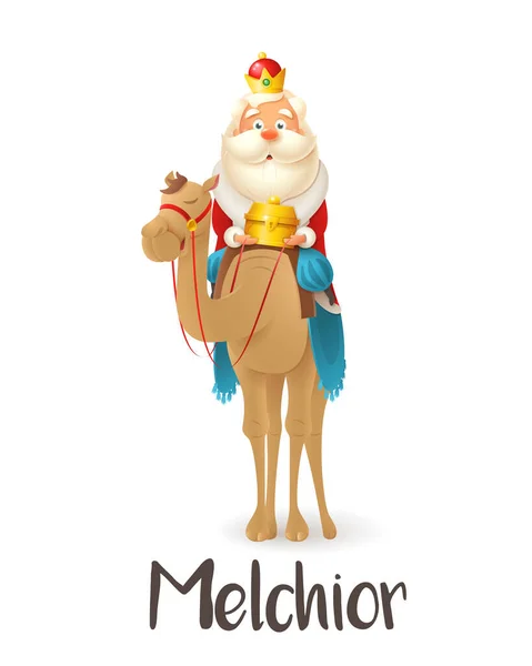 Hombre Sabio Melchior Camello Celebrar Epifanía Ilustración Vectorial Aislado Sobre — Archivo Imágenes Vectoriales
