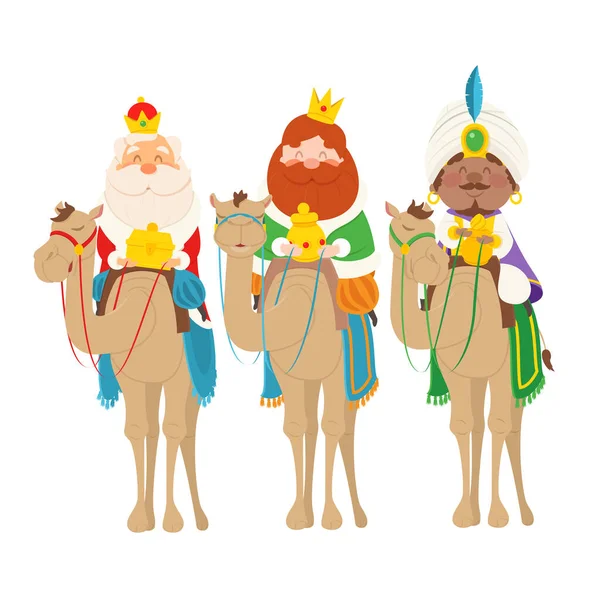 Tres Sabios Camellos Traen Regalos Celebración Epifanía Vector Ilustración Estilo — Archivo Imágenes Vectoriales