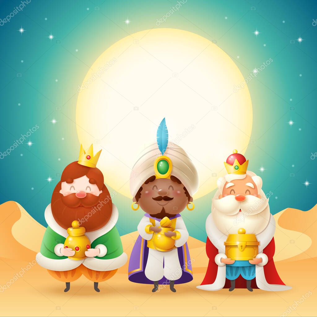 Three wise man with gifts - celebration Epiphany - desert night landscape