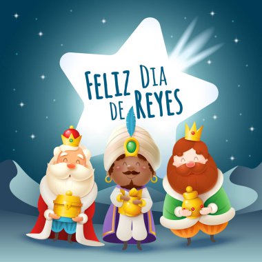 Epifani tebrik kartı - Kuyruklu yıldızlı üç kral - Gece manzarasında çöl - Feliz Dia de Reyes