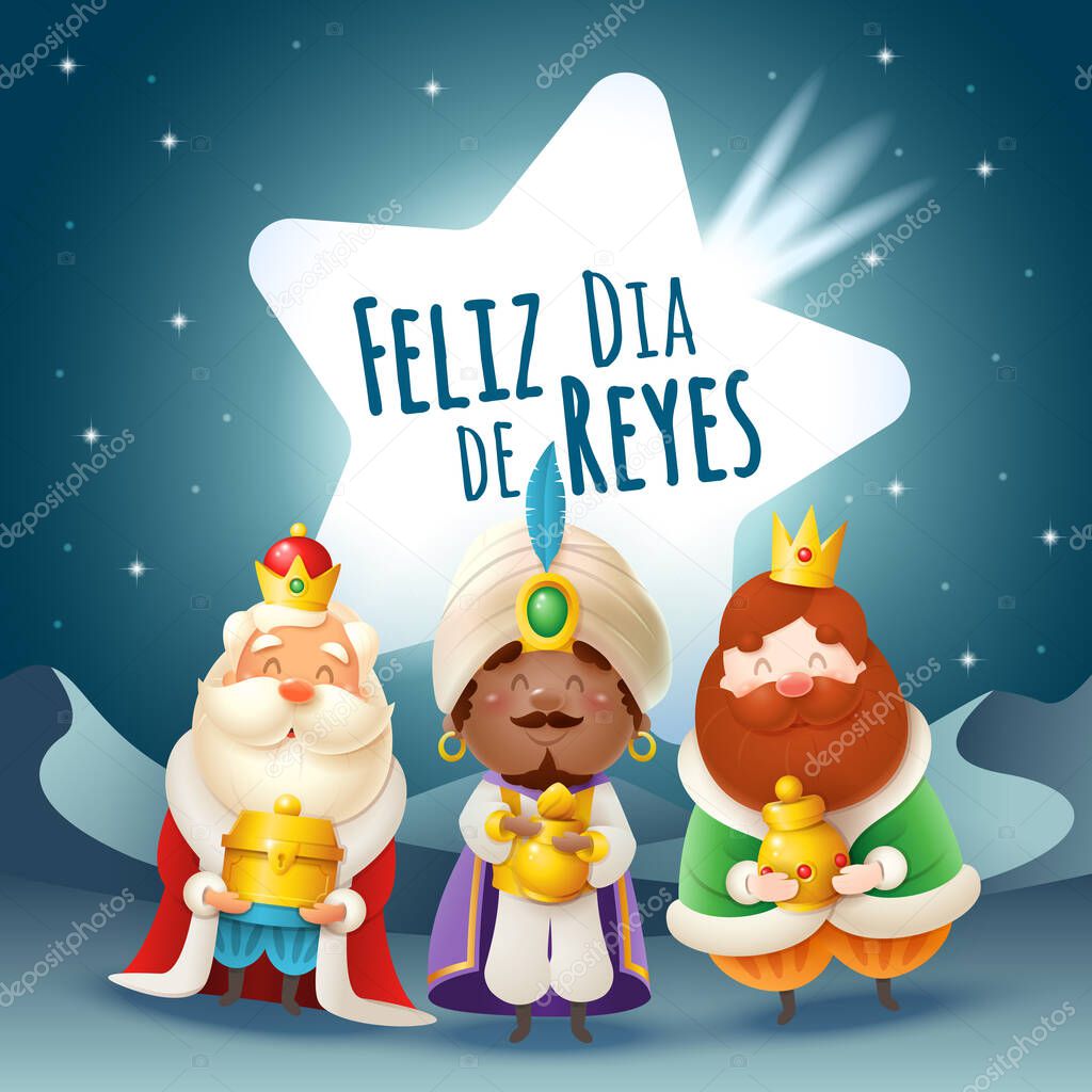 Epiphany greeting card - Three Kings with comet - desert at night landscape - Feliz Dia de Reyes